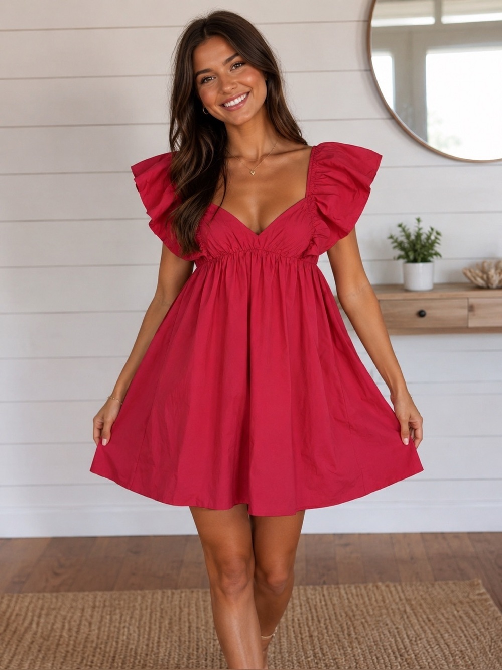 Ruffled Sleeve Mini Dress in Rosewood